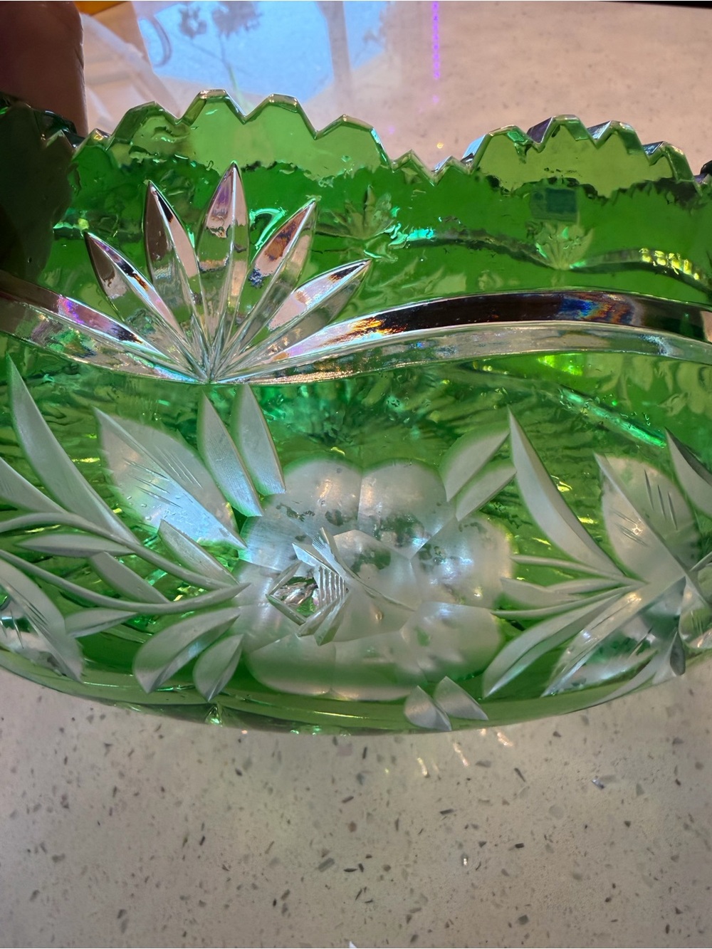 Vintage Lausitzer Glas Green Hand-Cut Lead Crystal Bowl Large Heavy - Picture 3 of 5